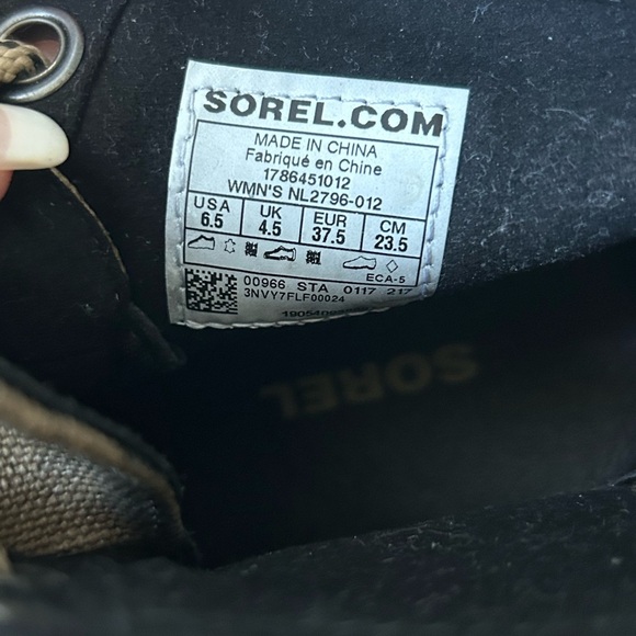 Sorel Joan of Arc Black Leather and Burlap like Canvas Wedge Boots size 6.5 - Picture 6 of 8